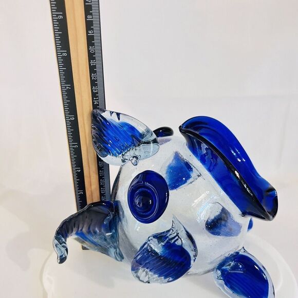 Blue Clear Hand Blown Art Glass Open Mouth Fish Vase Bowl Center Piece BEAUTIFUL - Picture 10 of 10